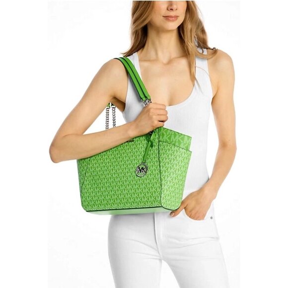 New Michael Kors Jet Set Large Logo Shoulder Bag Jungle Green - Picture 5 of 5